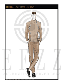大師手繪卡其色男款養生休閑會所服務生制服設計圖594