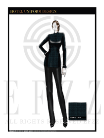 大師手繪時尚墨綠色女款酒店民族特色服裝款式設計圖170