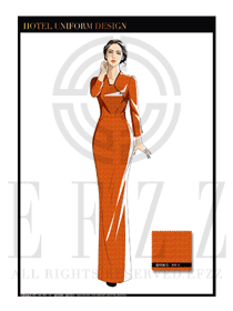橙色修身款酒店中餐廳迎賓制服設計圖765