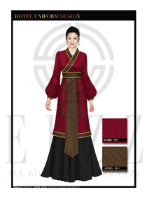 玫紅色女款漢服風(fēng)格酒店中餐廳迎賓制服設(shè)計圖773