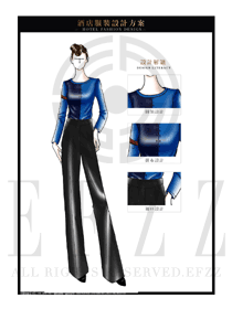 時尚藍色女款西餐服務員服裝款式設計圖1240