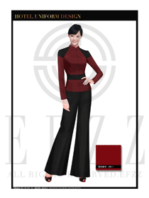 時尚棗紅色修身款中餐廳女服務員制服設計圖1738