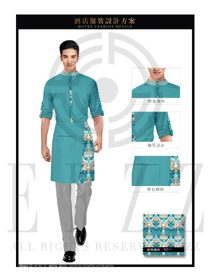 時尚青綠色男款西餐服務員服裝款式設計圖1246