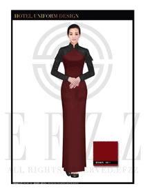 時尚棗紅色女款中餐迎賓服裝款式設(shè)計圖789