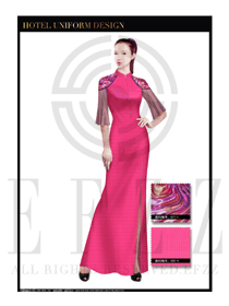 玫紅色長(zhǎng)裙款酒店中餐廳迎賓制服設(shè)計(jì)圖794