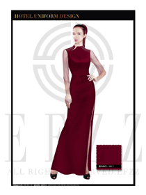 棗紅色長裙款酒店中餐廳迎賓制服設計圖798