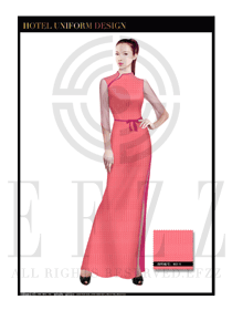 淺紅色旗袍款酒店中餐廳迎賓制服設計圖800