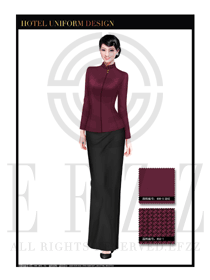 玫紅色修身款酒店中餐廳迎賓制服設計圖802