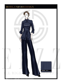 大師手繪深藍色修身款酒店大堂服裝款式設計圖1013