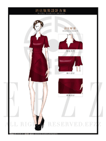 大師手繪酒紅色連衣裙款職業裝大堂經理制服設計圖1026