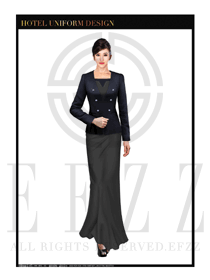 臧藍色修身長裙款酒店中餐廳迎賓制服設計圖804