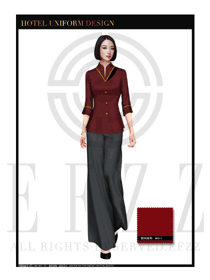 棗紅色長裙女款酒店中餐廳迎賓制服設計圖812
