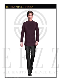 深紫色長袖男款中餐服務員制服款式設計圖1769
