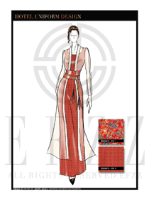 時尚橙黃色長裙款中餐迎賓服裝款式設(shè)計圖823