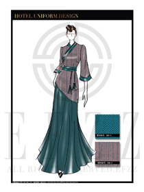 時尚墨綠色長裙款中餐迎賓服裝款式設計圖827