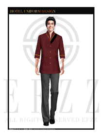 棗紅色長袖男款中餐服務員制服款式設計圖1781
