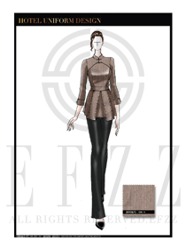 原創手繪卡其色女款中餐服務員服裝款式圖1810