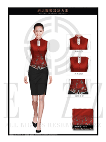 時尚酒紅色馬甲款西餐服務員制服設計圖1260