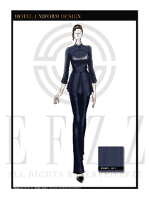 時尚深藍色女款中餐服務員服裝款式效果圖1818