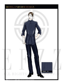 原創手繪設計稿臧藍色男款中餐服務員服裝款式效果圖1822