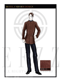 大師手繪咖啡色長袖男款中餐服務員制服設計圖1826