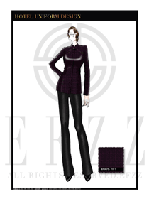 原創手繪稿深紫色女款中餐服務員服裝款式圖1837