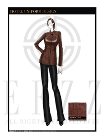 咖啡色長袖女款中餐服務員制服設計圖1838