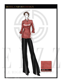 橙黃色長袖女款中餐服務員制服設計圖1844