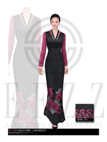 玫紅色長裙款酒店中餐迎賓制服設(shè)計圖851