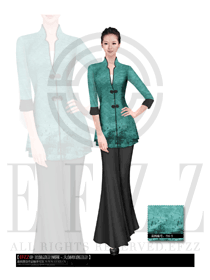 時(shí)尚墨綠色長袖女款中餐服務(wù)員制服設(shè)計(jì)圖1482