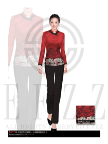 玫紅色長袖女款中餐服務員制服設計圖1736