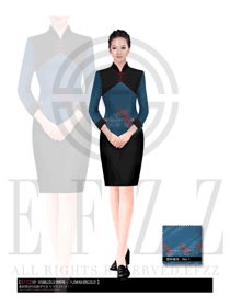 新款藍色長袖女款中餐服務員制服設計圖644