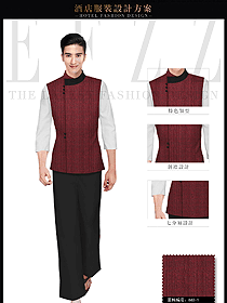 原創(chuàng)制服設計棗紅色男款會所服務生服裝款式圖624