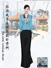 時尚淺藍色長裙款中餐廳迎賓員制服設計圖882