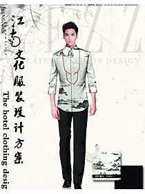 新款山水畫長袖男款中餐服務員服裝設計圖2015