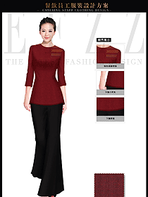 棗紅色修身版女款中餐服務(wù)員制服設(shè)計圖1702