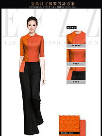 橙色修身版女款中餐服務員服裝款式圖1709