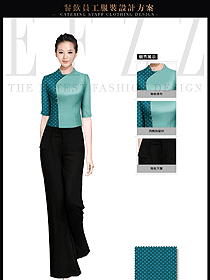 藍綠色女款中餐服務員服裝款式圖1711
