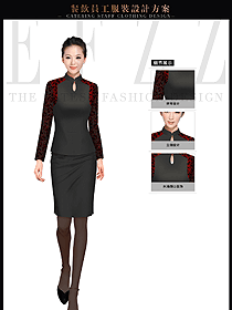 時尚黑色短裙款中餐廳女服務員制服設計圖1724