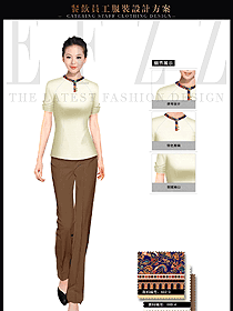 時尚卡其色中餐廳女服務(wù)員制服設(shè)計圖1730