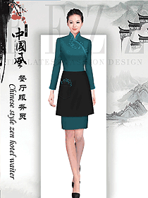 深綠色女款中餐服務員服裝款式圖2063