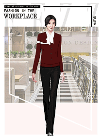 深紅色女款快餐店服務員制服設計圖529