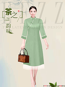 墨綠色民族風茶藝師服裝設計定制效果圖