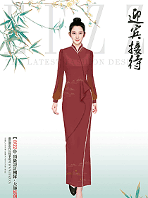 紅色長款酒店中餐廳女迎賓咨客制服設計圖