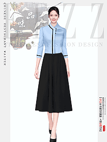 食堂廚房烘焙火鍋飯店餐飲服務員女套裝長裙制服設計圖