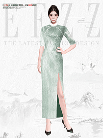 墨綠色設計古風女子氣質(zhì)旗袍定制設計秀