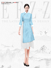 新中式藍色茶服女禪意文藝中國風茶藝師服裝