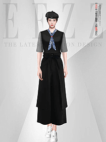 黑色短袖長裙時尚酒店餐飲工作服定制設計圖