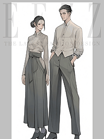 素雅中式酒店餐廳服務員制服長袖套裝工裝定制圖