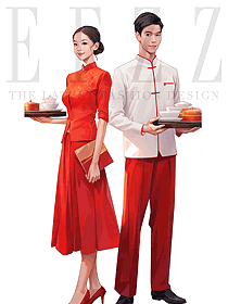 酒店中餐廳服務(wù)員工作服-長袖制服紅色可定制